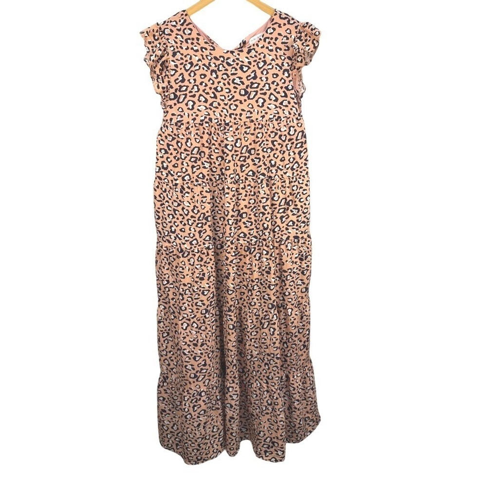 Free The Roses Dress Women Large Leopard Print Tiered Maxi Ruffle Sleeve Peach